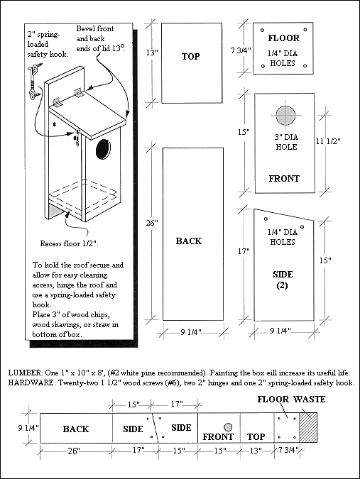 Black & white illustration of kestrel nest box cutting & assembly plans